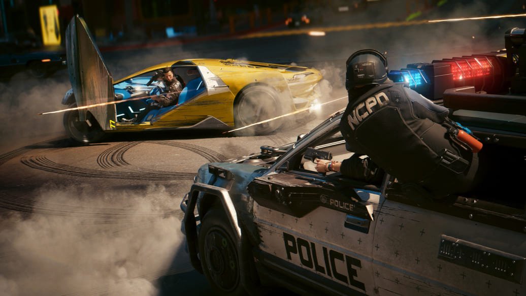 Cyberpunk 2077 high-speed chase scene with a police car pursuing a yellow sports car in Night City