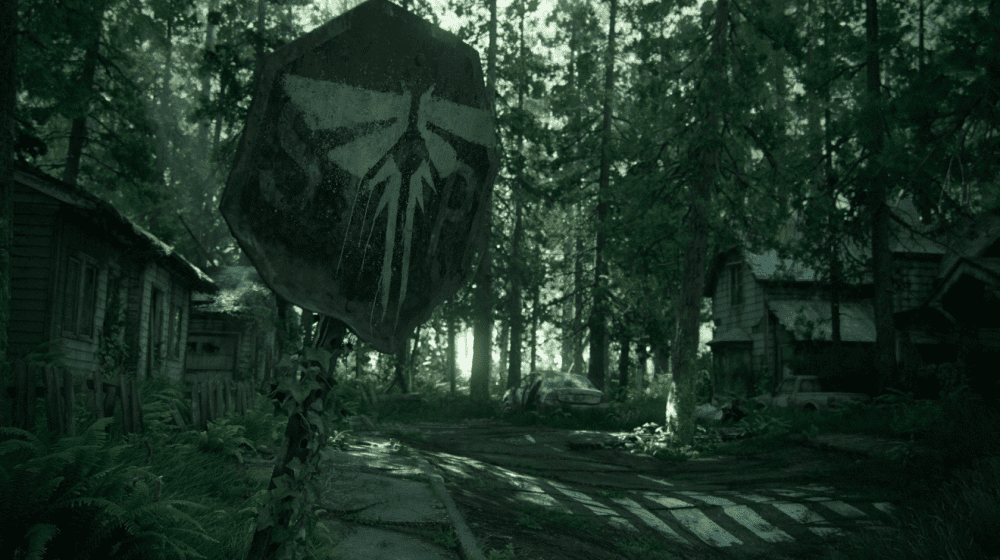 Firefly logo on a sign in a forest village in The Last of Us Part II.