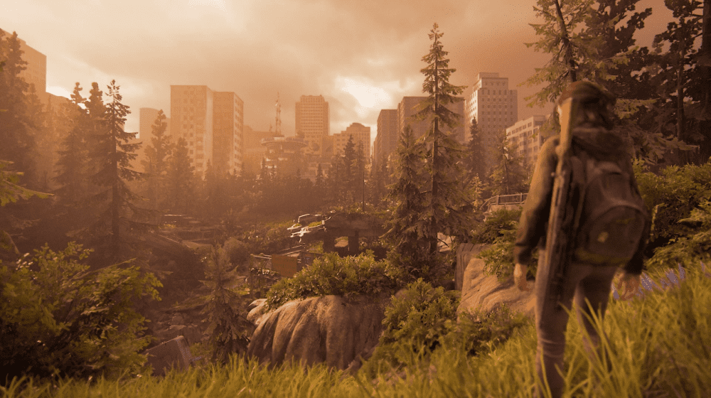 Ellie overlooking a post-apocalyptic city in The Last of Us Part II.