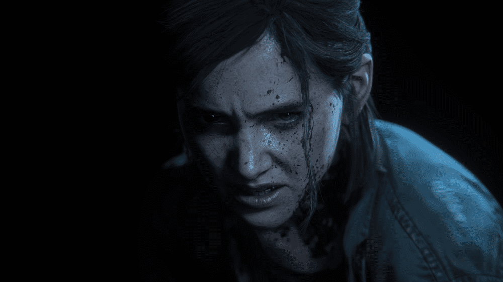 Close-up of Ellie's intense expression in The Last of Us Part II.