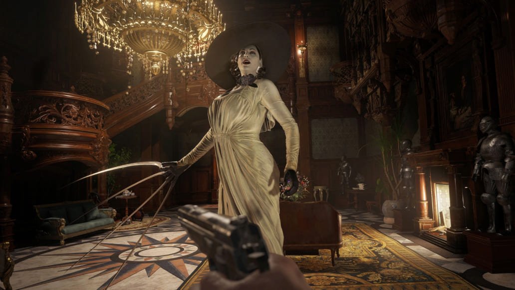 Resident Evil Village gameplay showing Lady Dimitrescu in her castle, ready to attack with her long claws